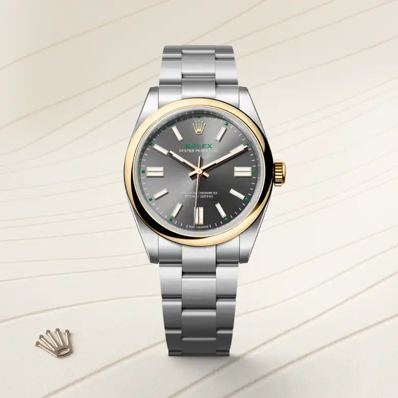 rolex Oyster Perpetual en Rolesor amarillo —combinación de acero Oystersteel y oro amarillo, M134303-0001 en Eurochronos rolex Oyster Perpetual en Rolesor amarillo —combinación de acero Oystersteel y oro amarillo, M134303-0001 en Eurochronos